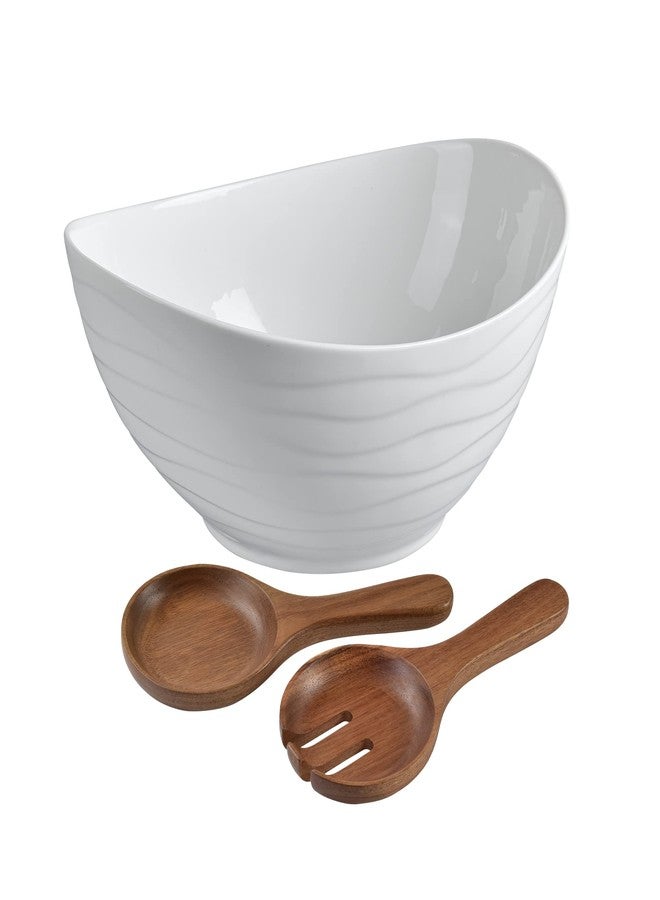 KITEISCAT Extra Large Elegant Ceramic Oval Salad Bowl Set with Premium Acacia Wood Salad Serving Utensils - Large Capacity, Stylish and Practical, Kitchen Must-Have - Image 1